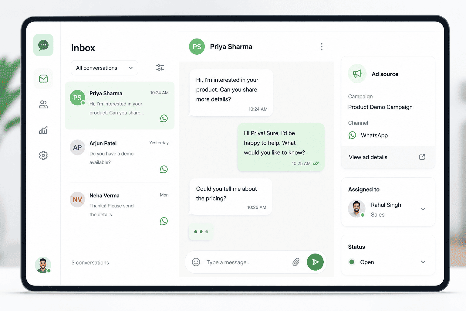 Shared team inbox managing customer conversations generated from Click-to-WhatsApp Ads
