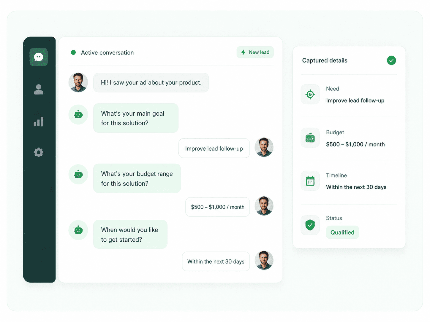 Guided qualification workflow collecting lead details from a Click-to-WhatsApp enquiry