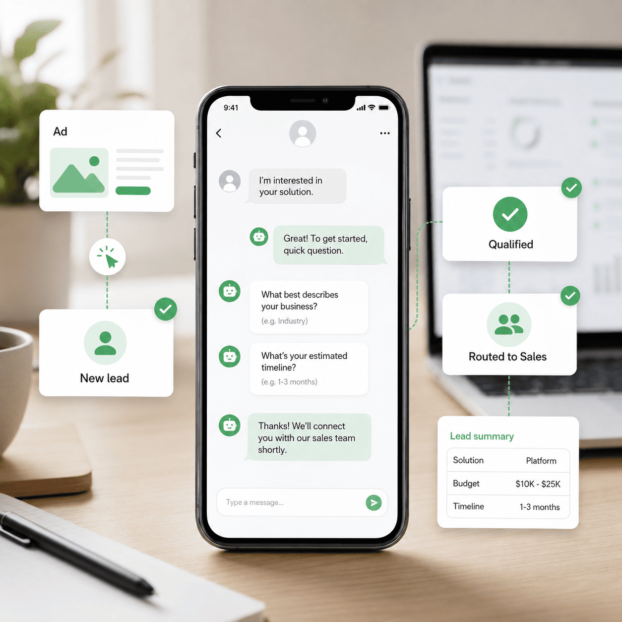 Click-to-WhatsApp lead qualification workflow collecting customer details and routing qualified enquiries