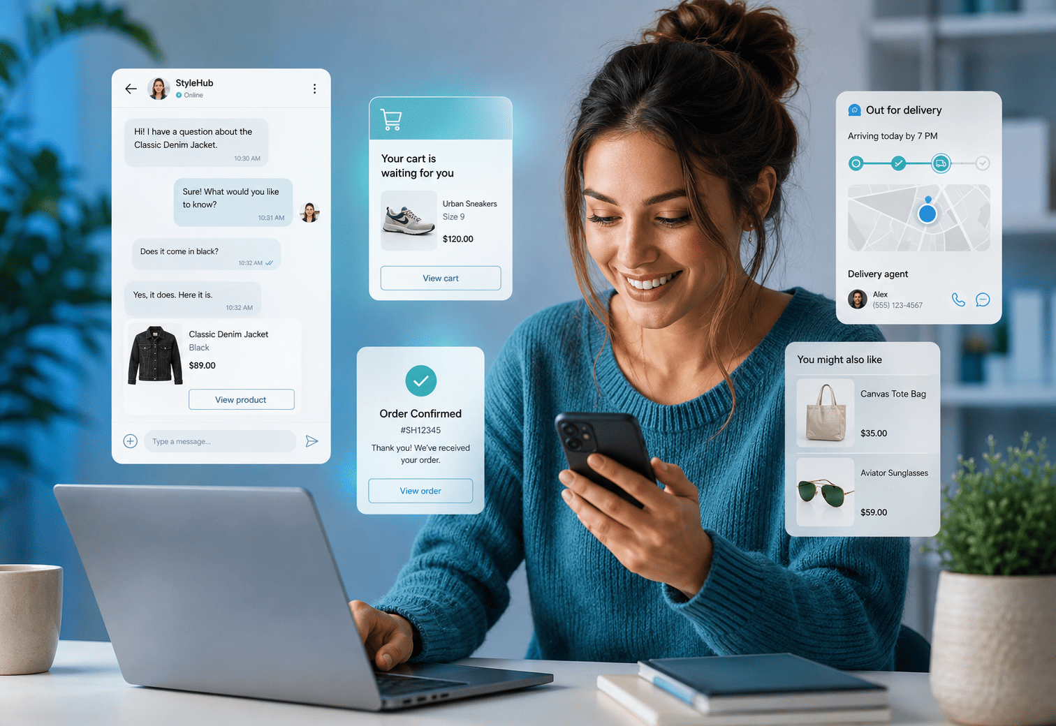 Online shopping, customer messaging and ecommerce sales workflow