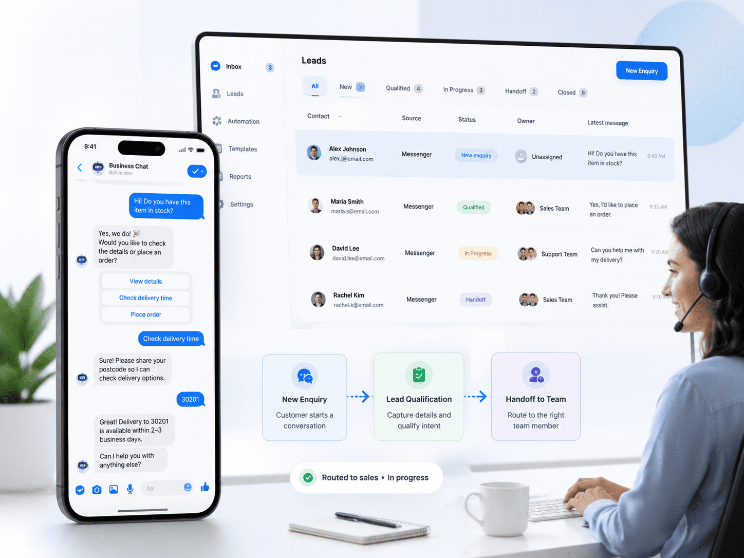 Facebook Messenger automation workspace showing customer enquiries, lead qualification, automated replies and team handoff