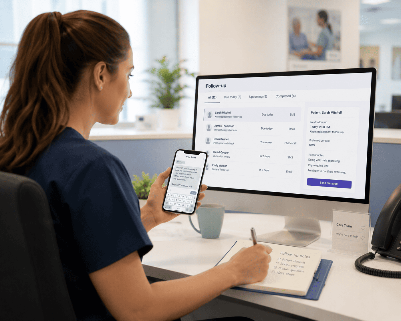 Healthcare team keeping patient engagement and follow-up communication connected