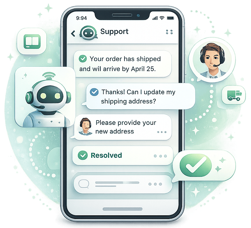 AI-assisted WhatsApp support conversation with human handoff