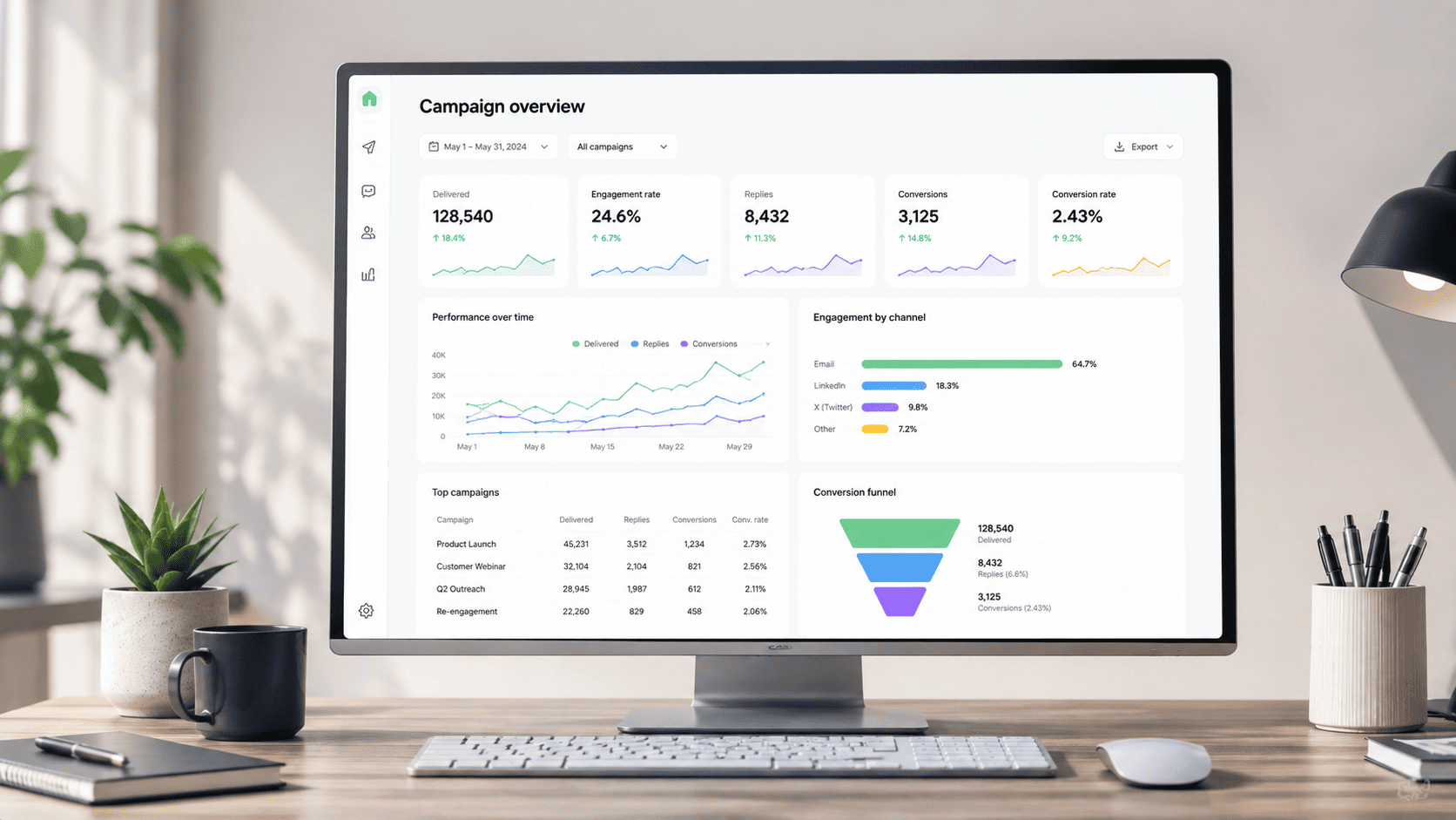 Example campaign analytics dashboard showing message activity and customer engagement