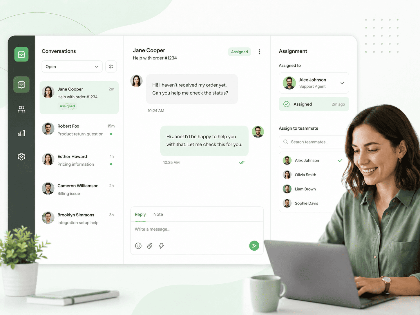 Shared team inbox showing a customer conversation assigned to a teammate