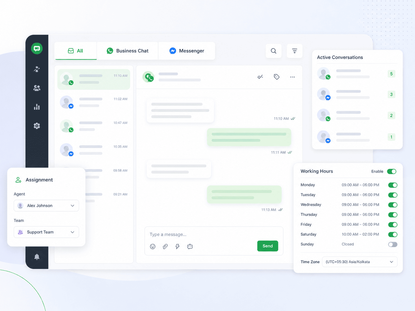 Shared team inbox for WhatsApp Business and Facebook Messenger customer support conversations