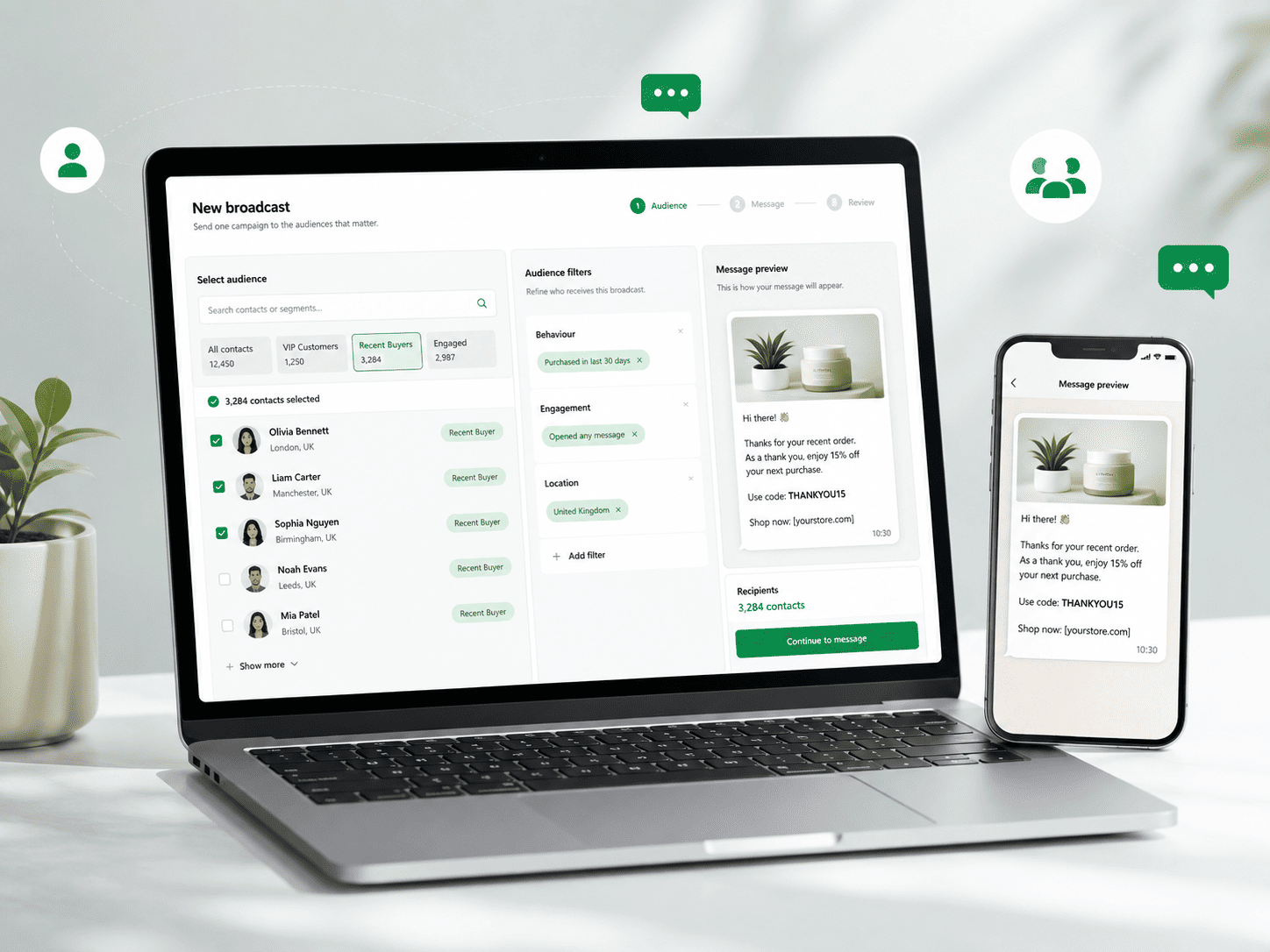 WhatsApp broadcast workspace for selecting customer audiences and preparing a campaign