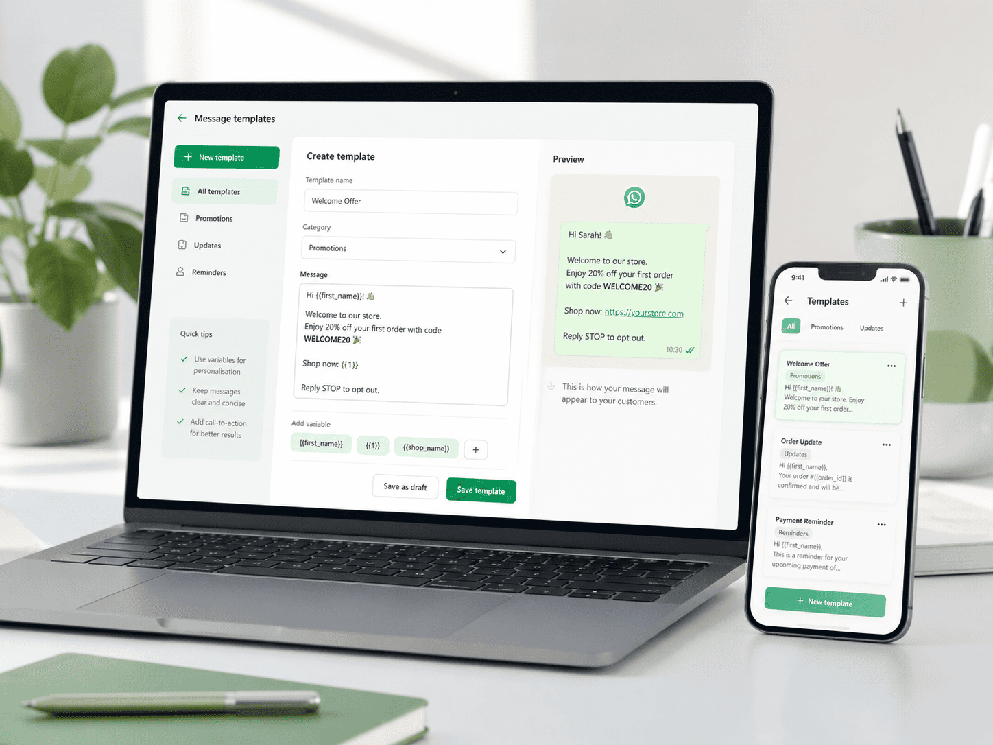 WhatsApp broadcast message template workspace showing reusable campaign content