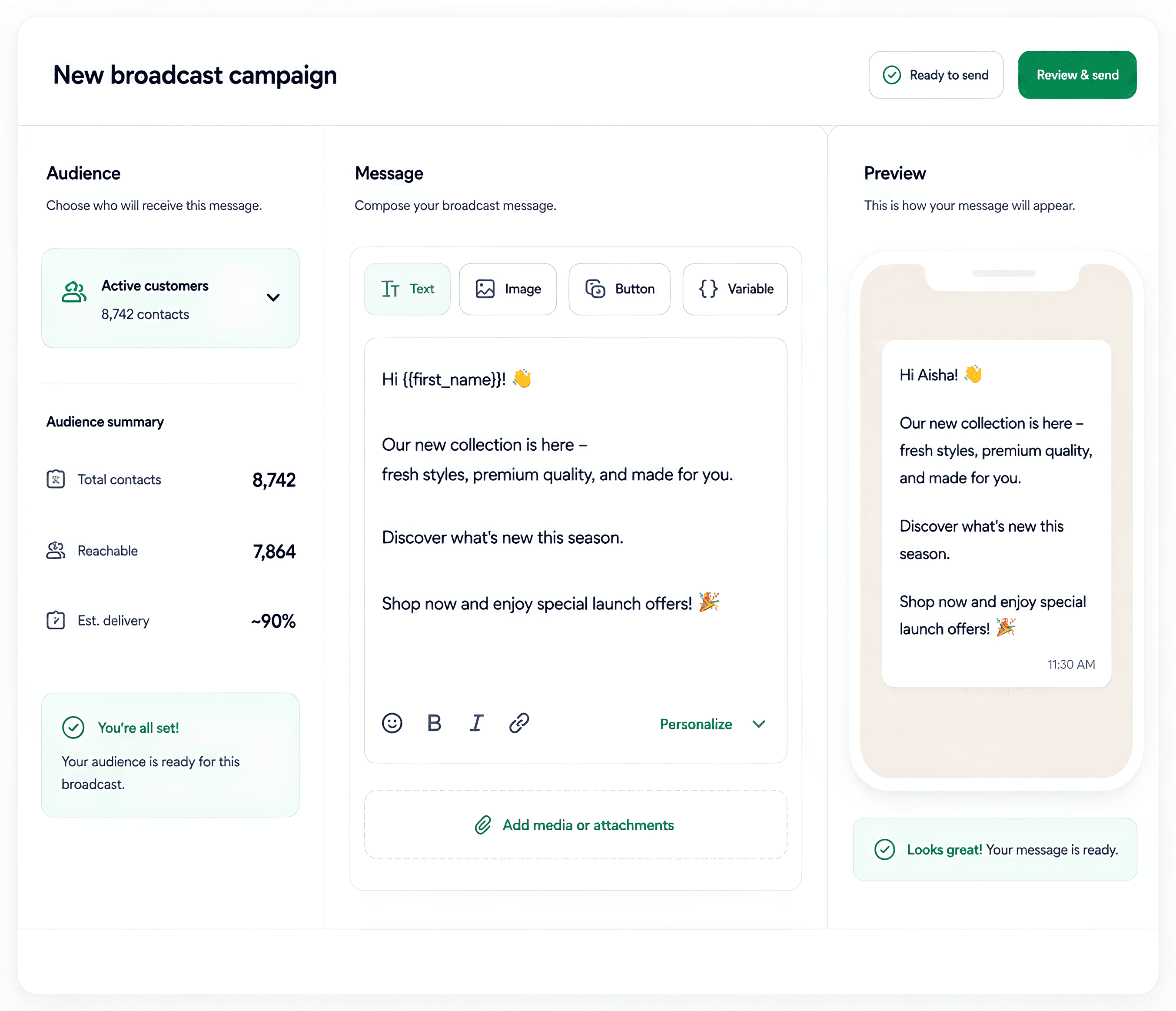 WhatsApp broadcast campaign workspace showing audience, message and campaign preparation