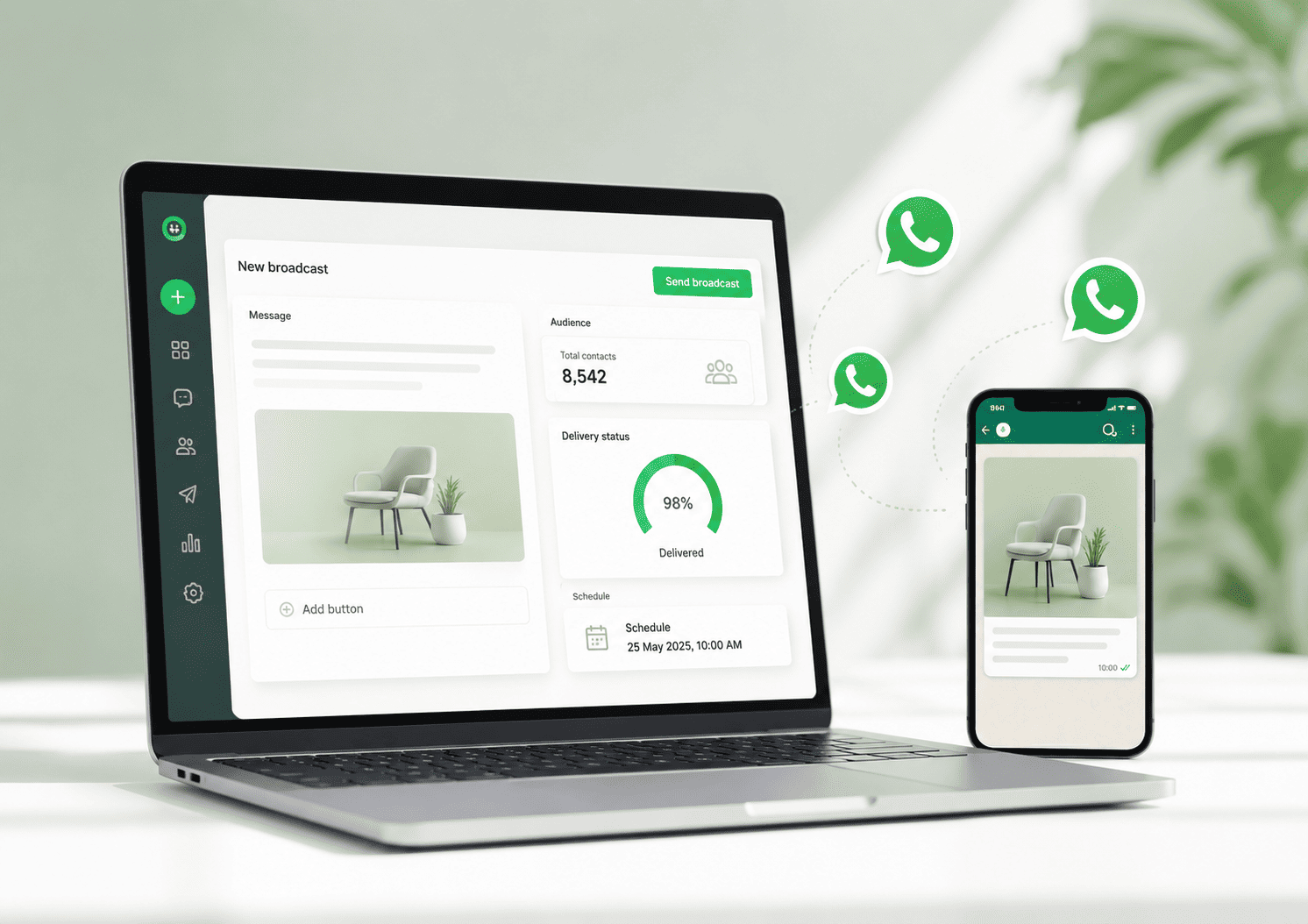 WhatsApp broadcast workspace for creating targeted customer campaigns and scheduling messages