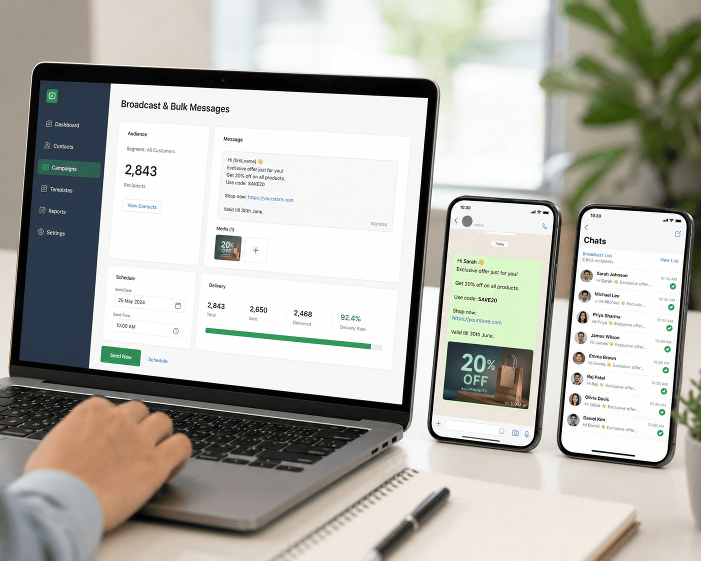 WhatsApp broadcast campaign dashboard showing targeted bulk messaging