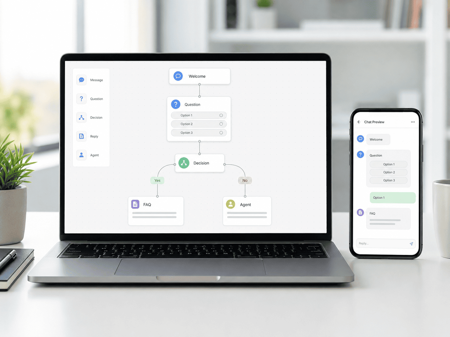 No-code WhatsApp chatbot workflow builder with connected automation steps
