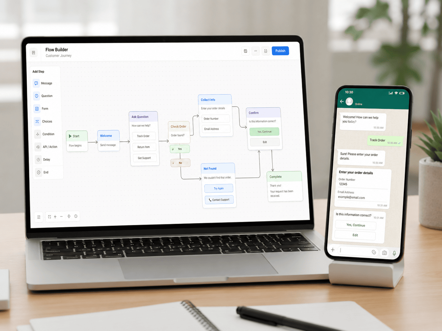 No-code WhatsApp workflow for collecting customer information and guiding automated conversation steps