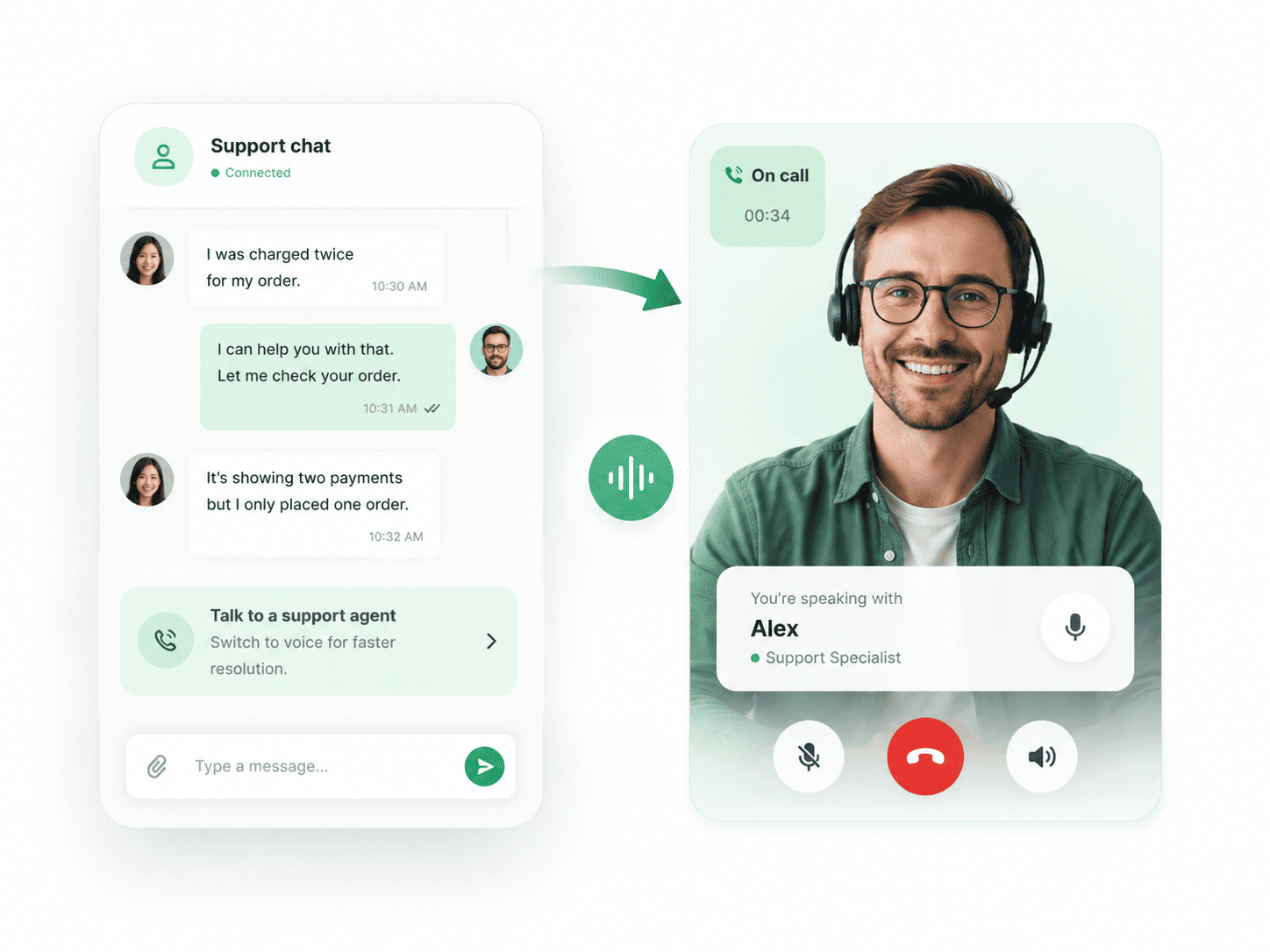 WhatsApp customer support conversation continuing through a voice call
