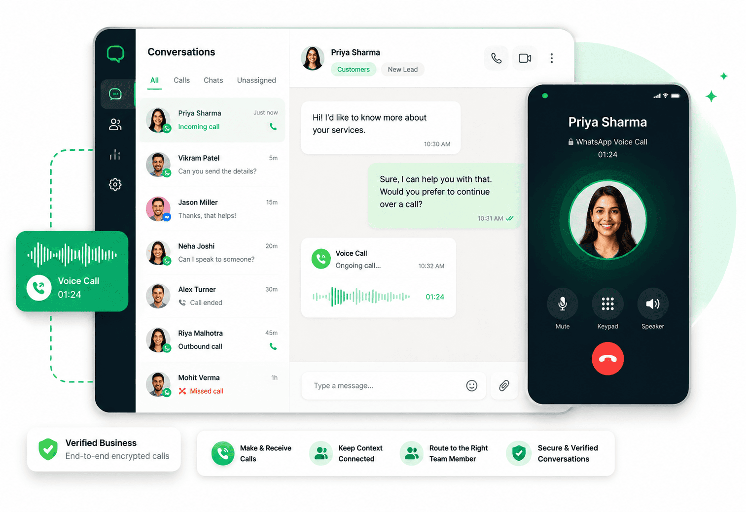 WhatsApp Business Calling workspace showing customer voice and messaging conversations