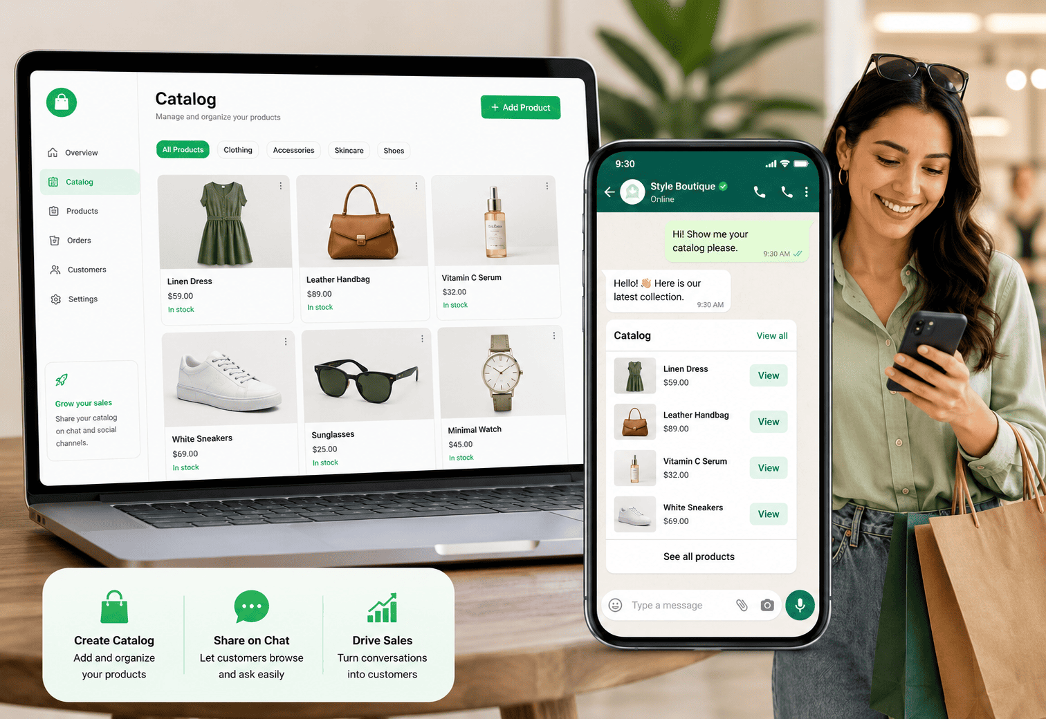 WhatsApp product catalog showing products customers can browse and explore during a shopping conversation
