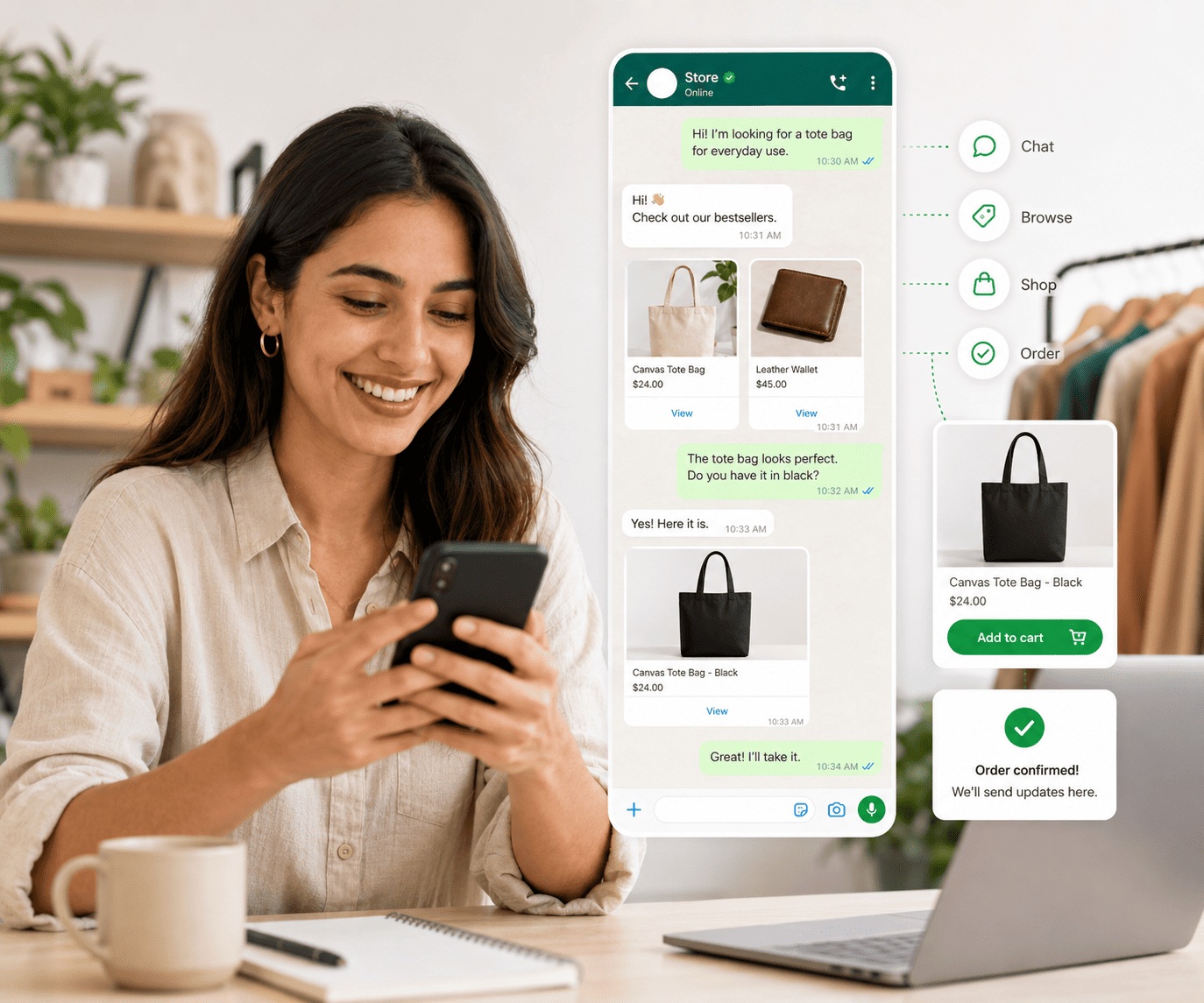 Customer browsing products and continuing a shopping conversation on WhatsApp